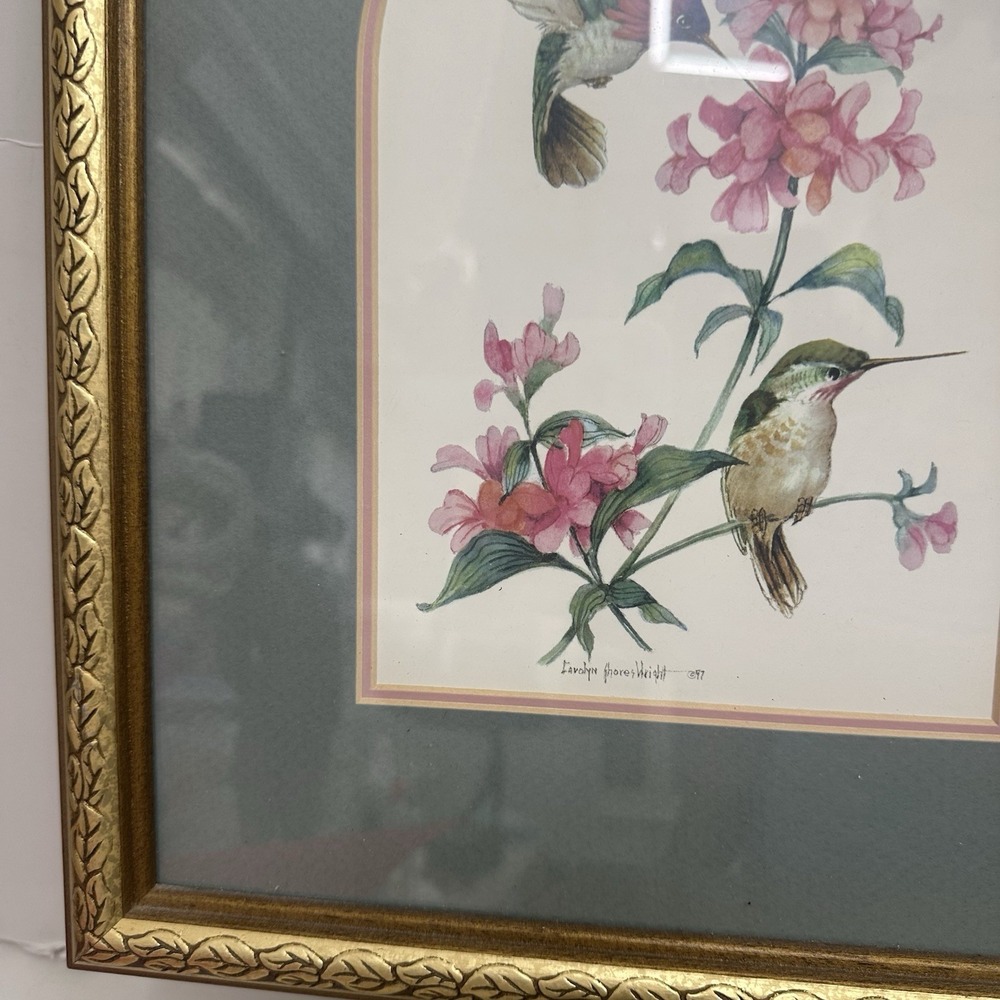 Lot Of 2 Framed Hummingbird & Pink Flowers Art Print Gold Frames Still‎ Life - Picture 5 of 16